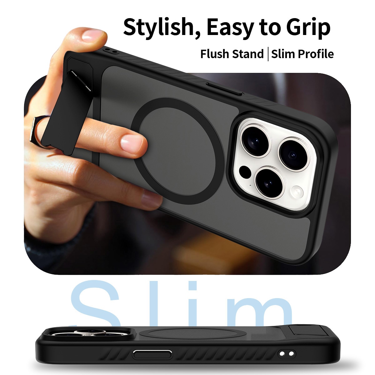 iPhone 15 Pro Magnetiskt hybridskal med inbyggt ställ, Svart