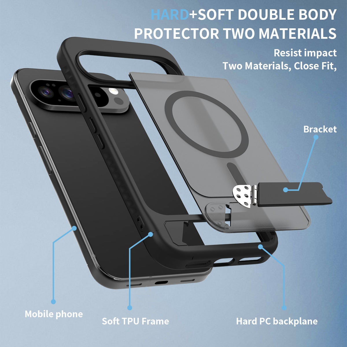 Google Pixel 9 Pro XL Magnetiskt hybridskal med inbyggt ställ, Svart
