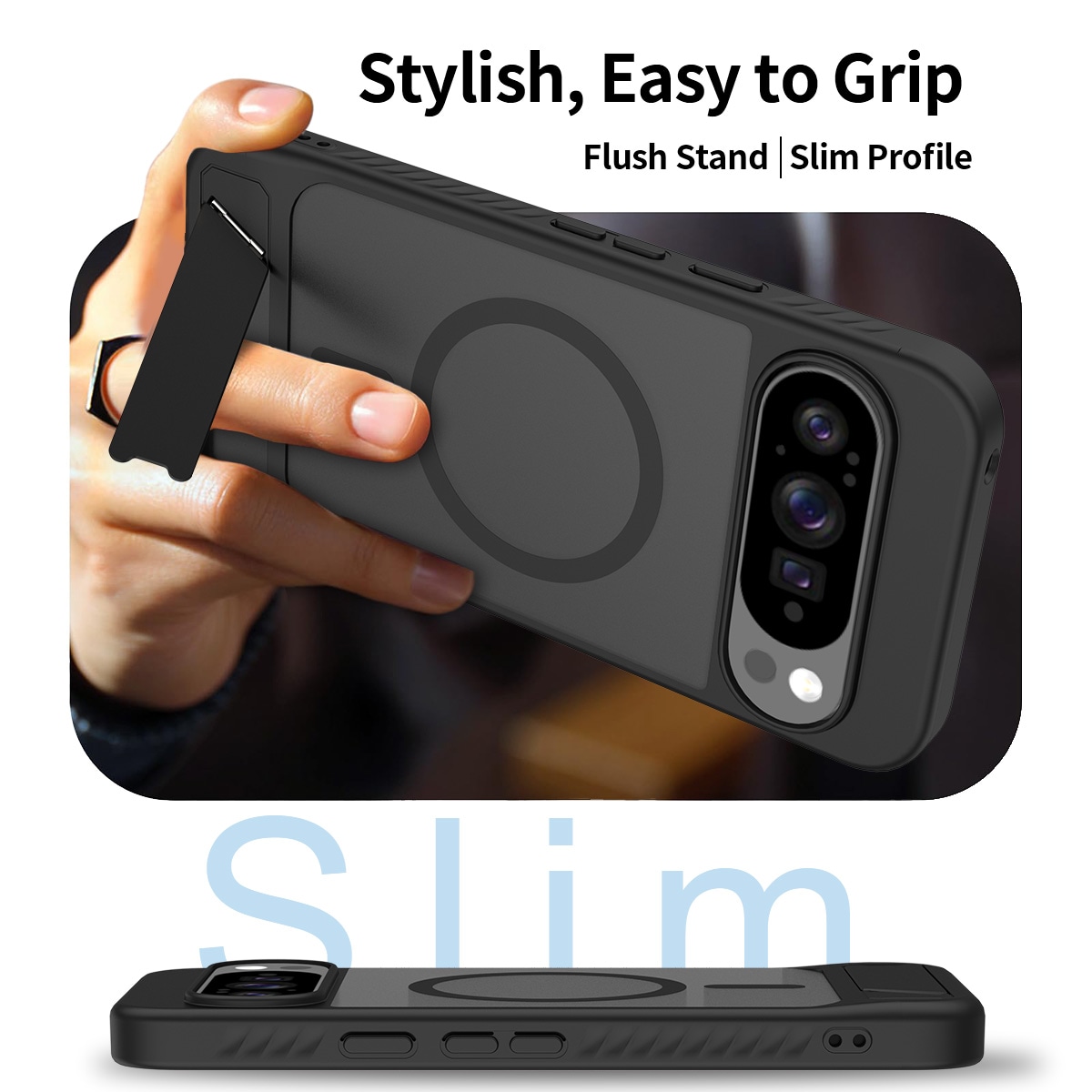 Google Pixel 9 Pro XL Magnetiskt hybridskal med inbyggt ställ, Svart