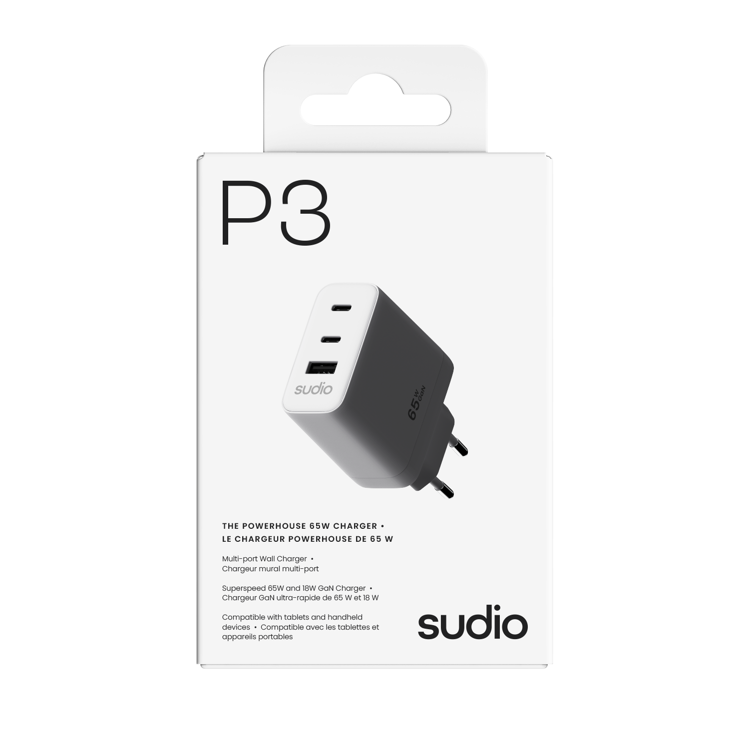 P3 2 x USB-C + USB-A  Väggladdare 65W, Vit