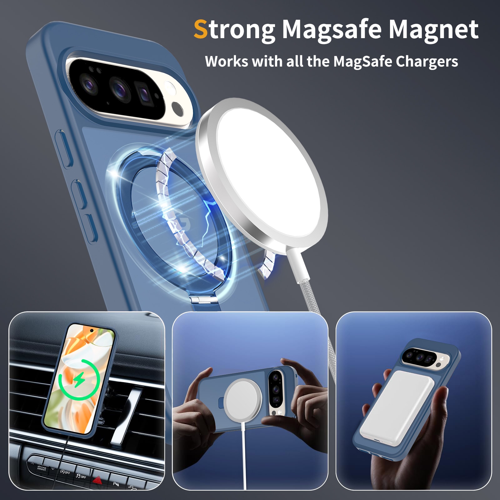 Google Pixel 9 Pro Magnetic hybridskal med ställfunktion, Mörkblå