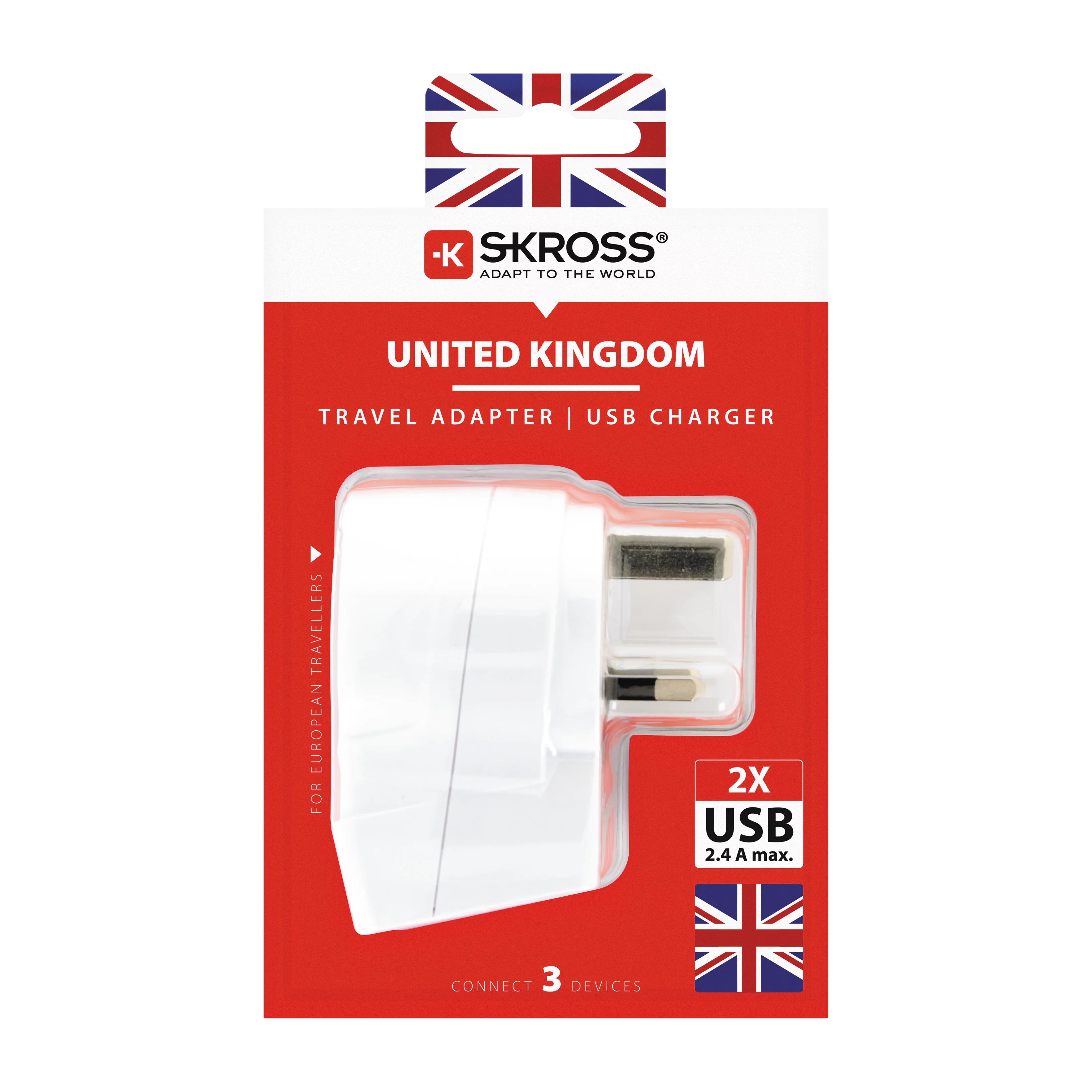 Reseadapter Europa till Storbritannien med 2 USB-A