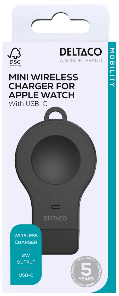 Liten Apple Watch-laddare USB-C 2W, svart