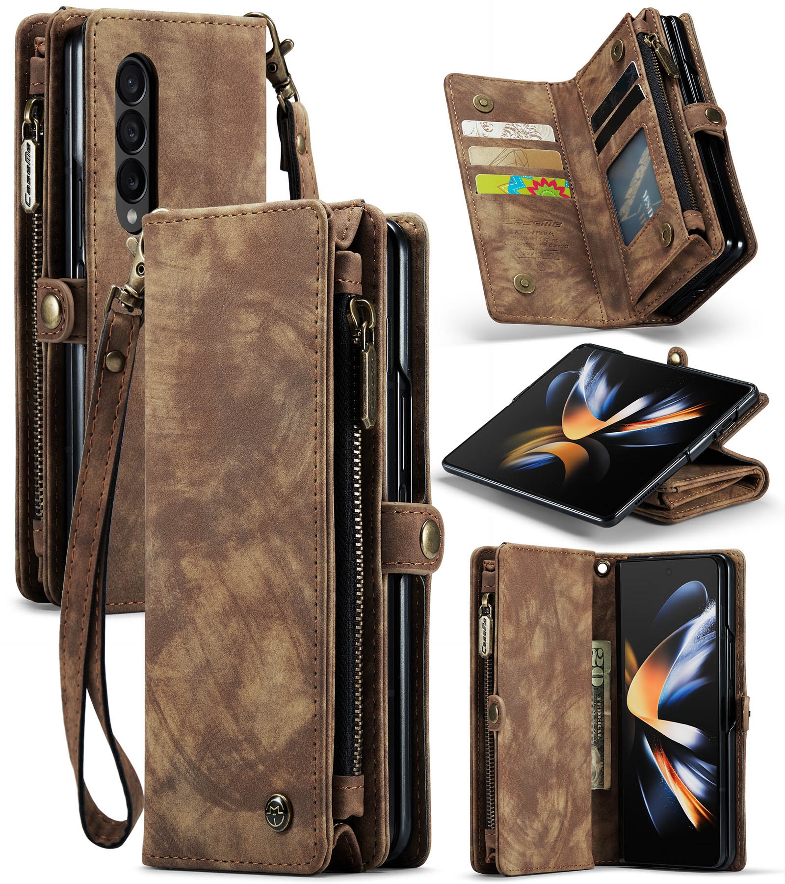 Samsung Galaxy Z Fold 5 Rymligt plånboksfodral med många kortfack, brun
