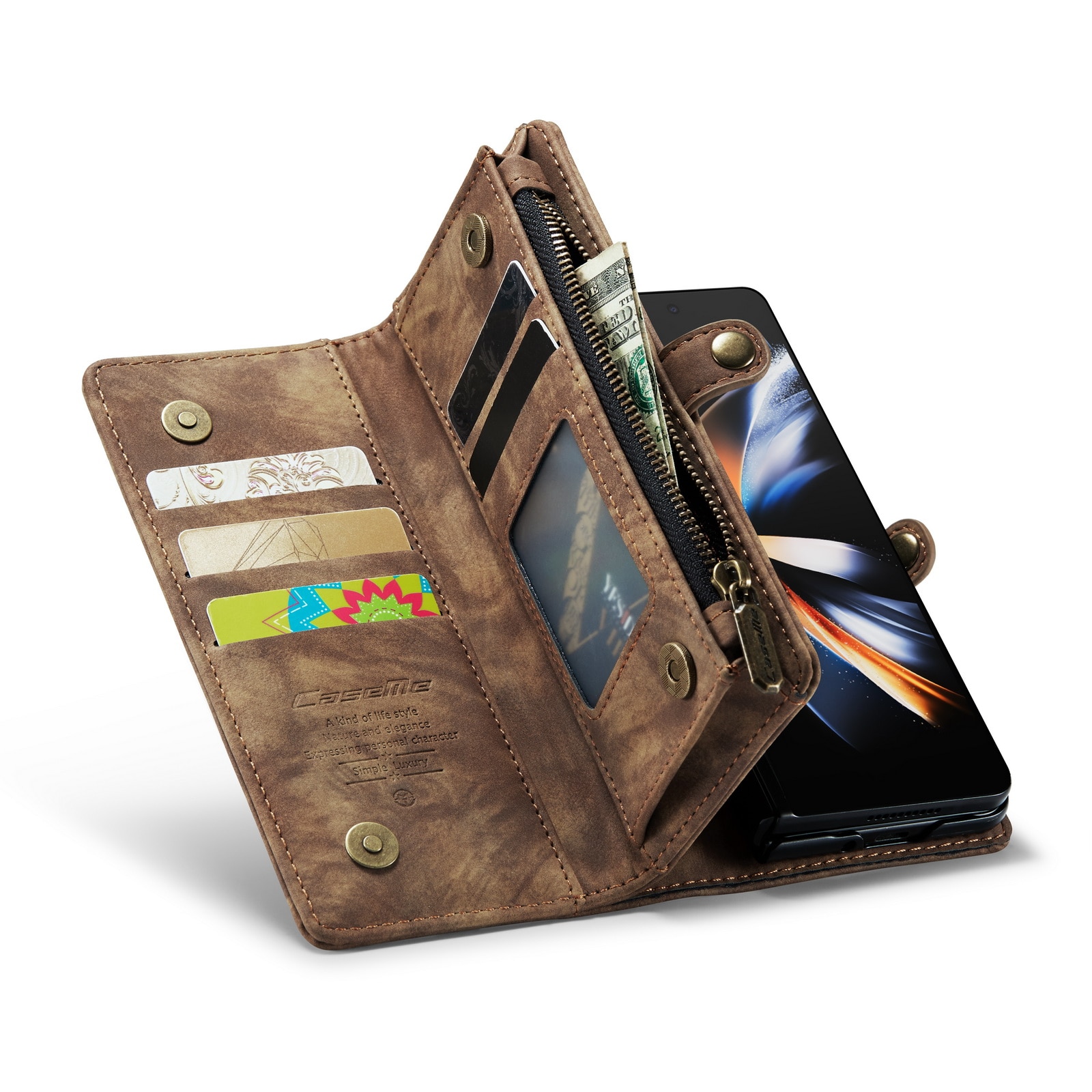 Samsung Galaxy Z Fold 5 Rymligt plånboksfodral med många kortfack, brun