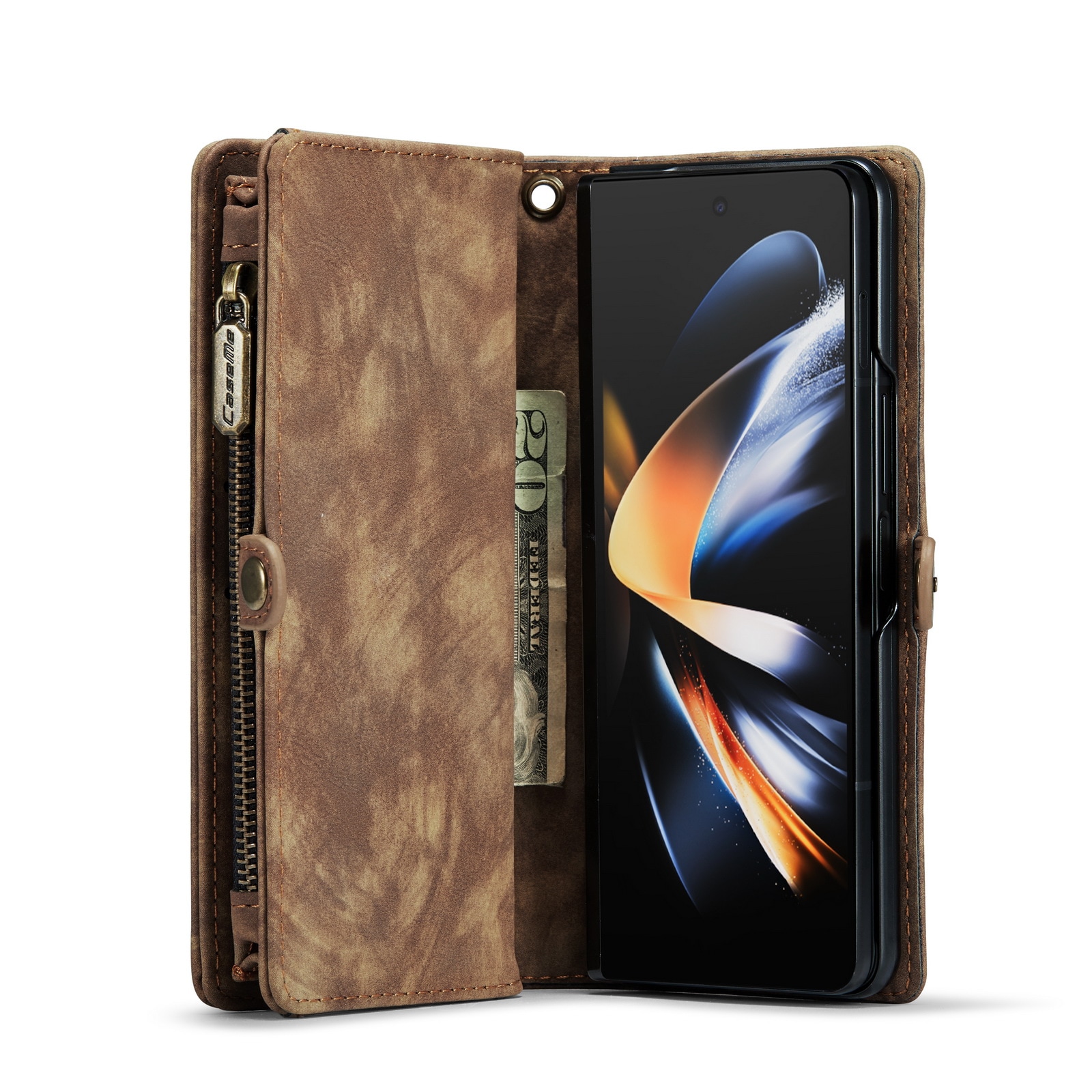 Samsung Galaxy Z Fold 4 Rymligt plånboksfodral med många kortfack, brun