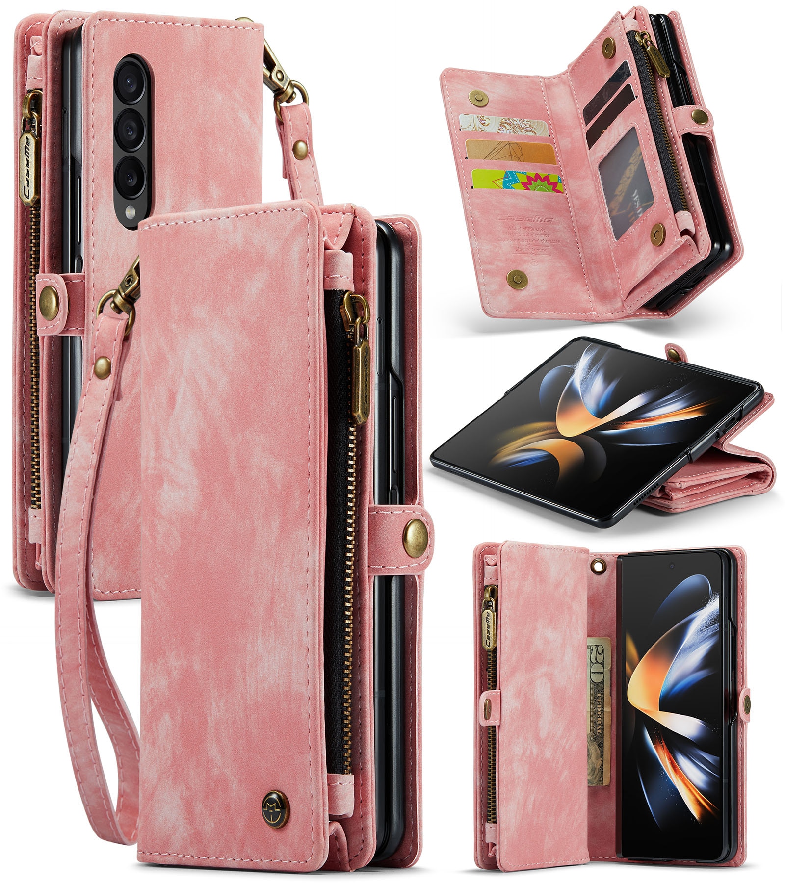 Samsung Galaxy Z Fold 4 Rymligt plånboksfodral med många kortfack, rosa