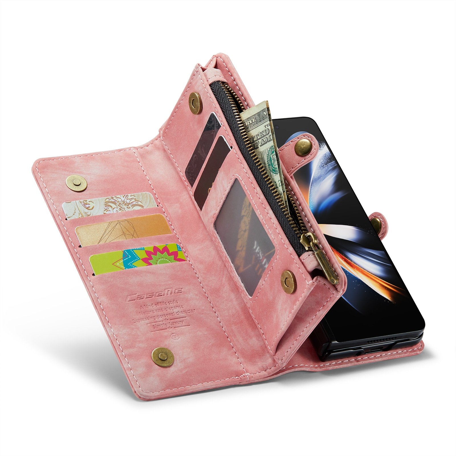 Samsung Galaxy Z Fold 4 Rymligt plånboksfodral med många kortfack, rosa