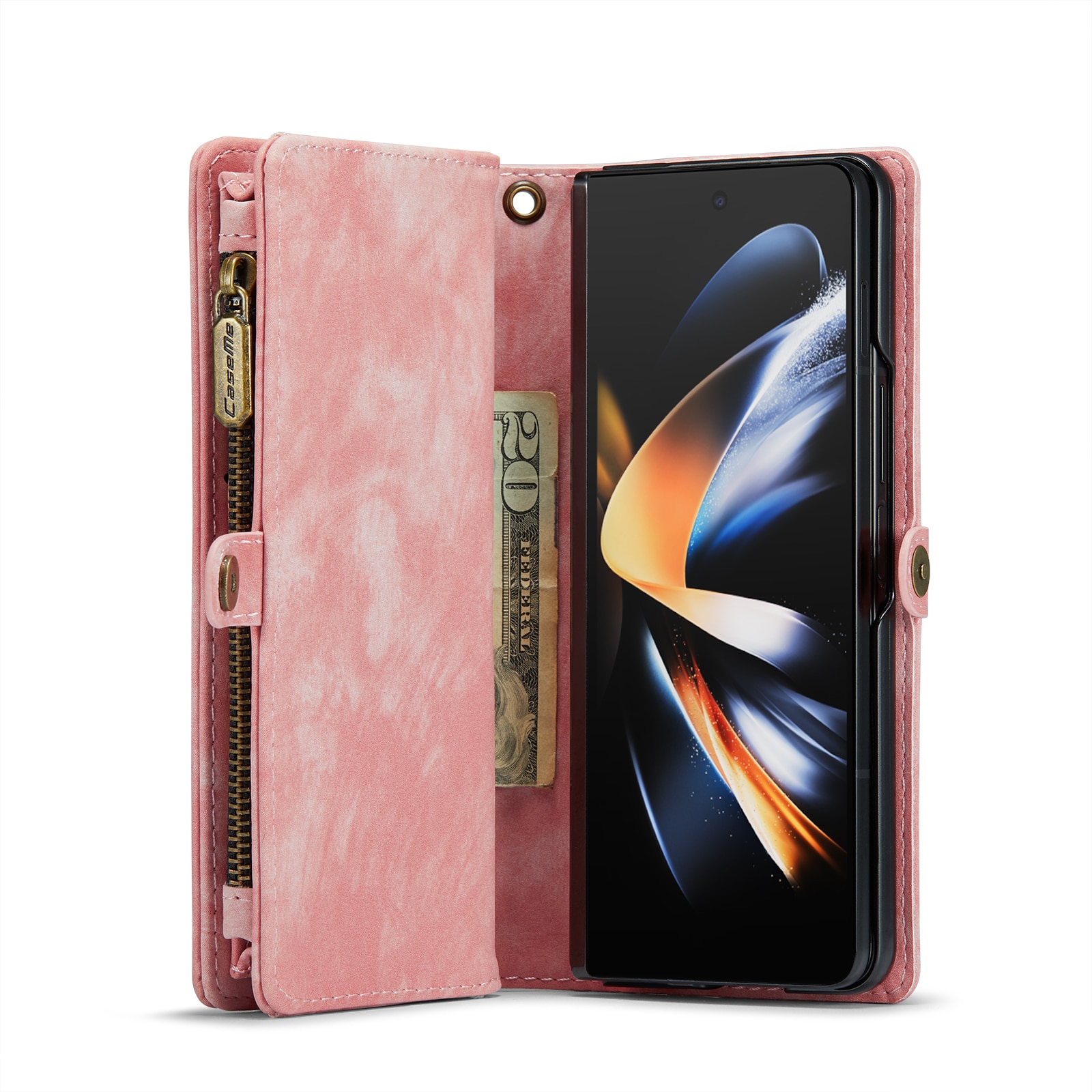 Samsung Galaxy Z Fold 5 Rymligt plånboksfodral med många kortfack, rosa