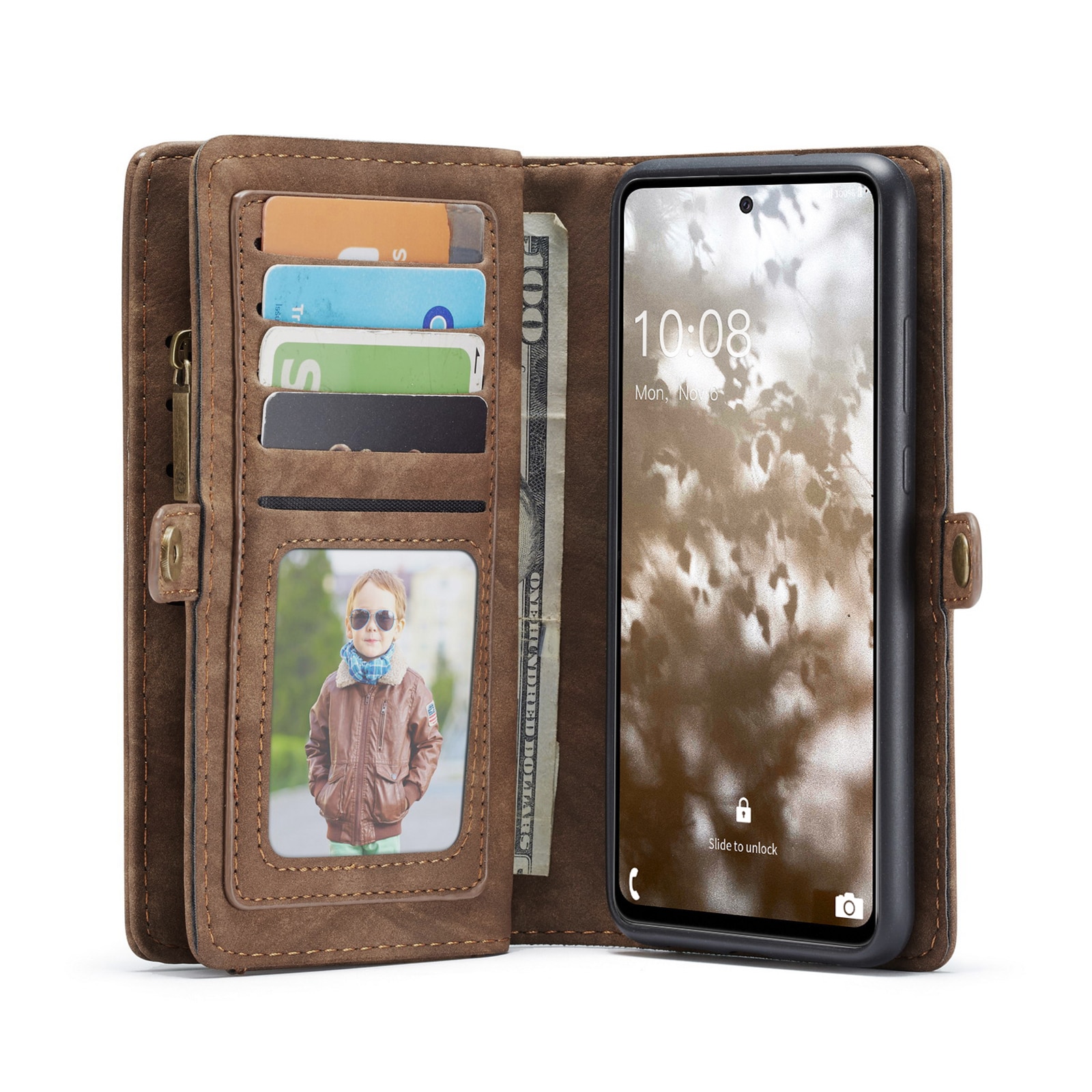 Samsung Galaxy A53 Rymligt plånboksfodral med många kortfack, brun