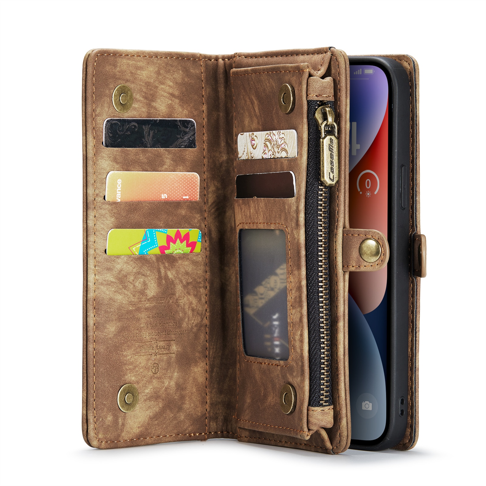 iPhone 14 Plus Rymligt plånboksfodral med många kortfack, brun