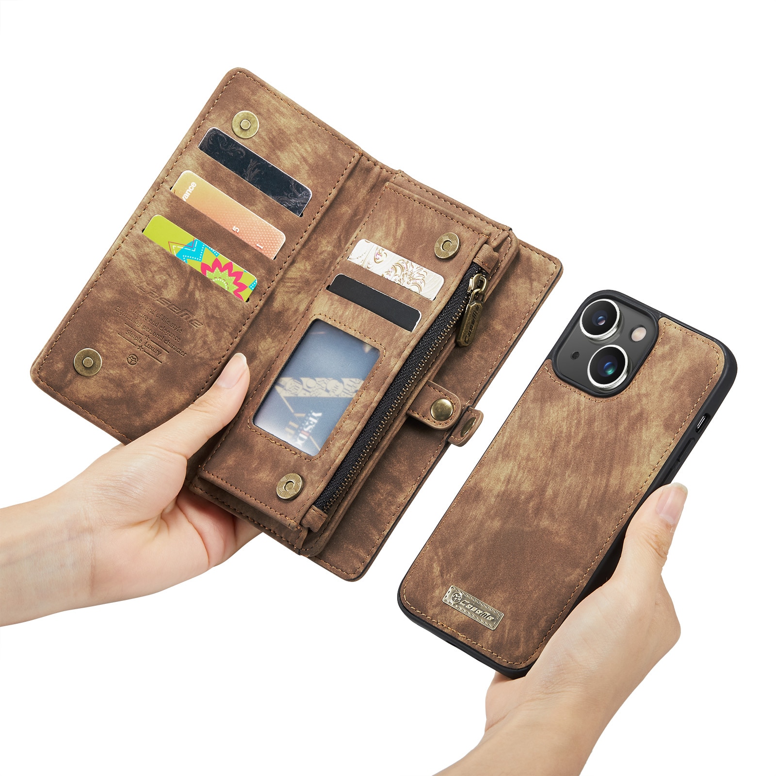 iPhone 14 Plus Rymligt plånboksfodral med många kortfack, brun