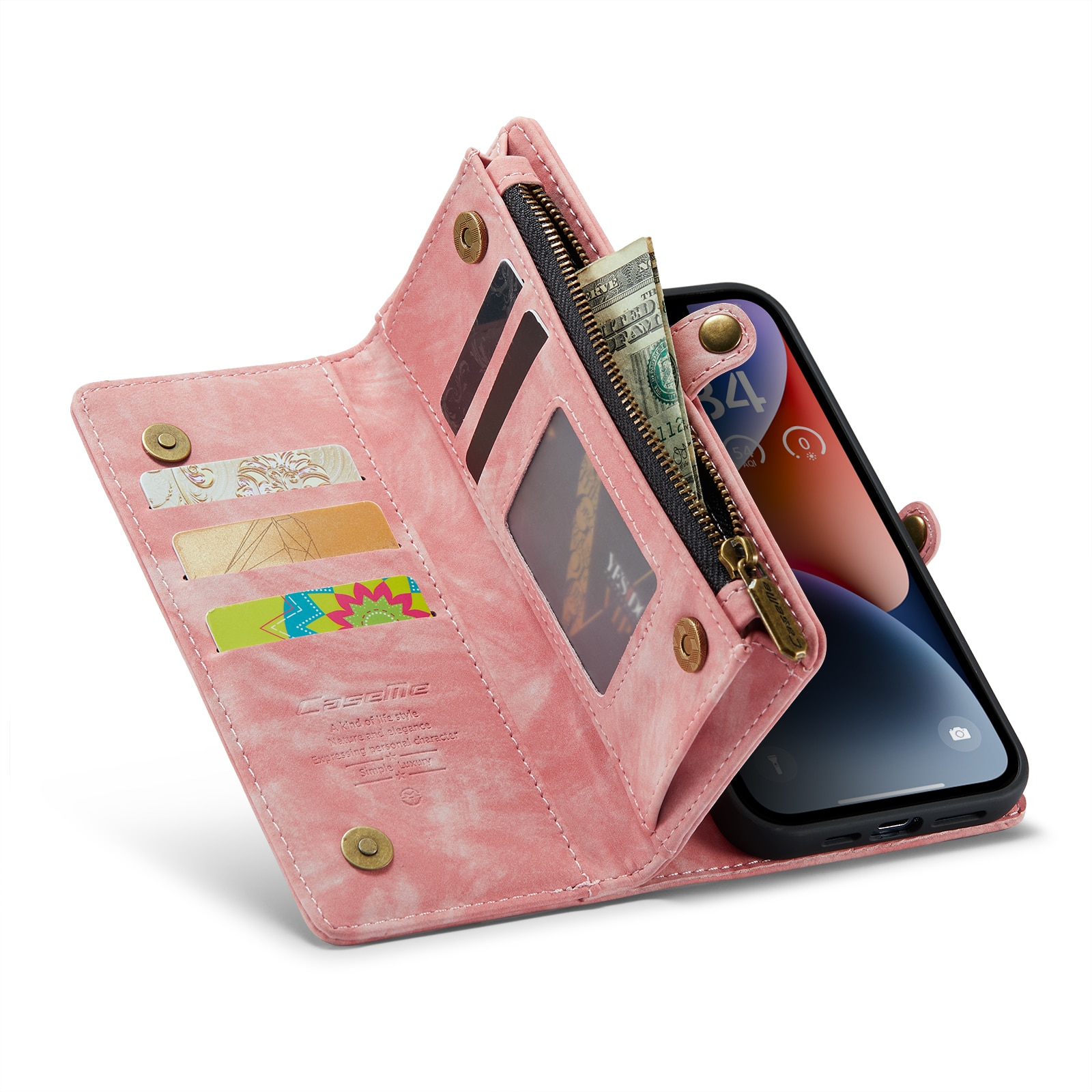 iPhone 14 Rymligt plånboksfodral med många kortfack, rosa