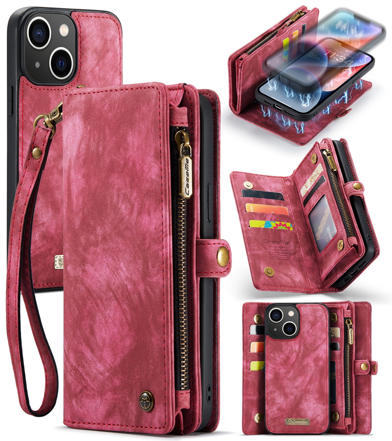iPhone 14 Rymligt plånboksfodral med många kortfack, röd