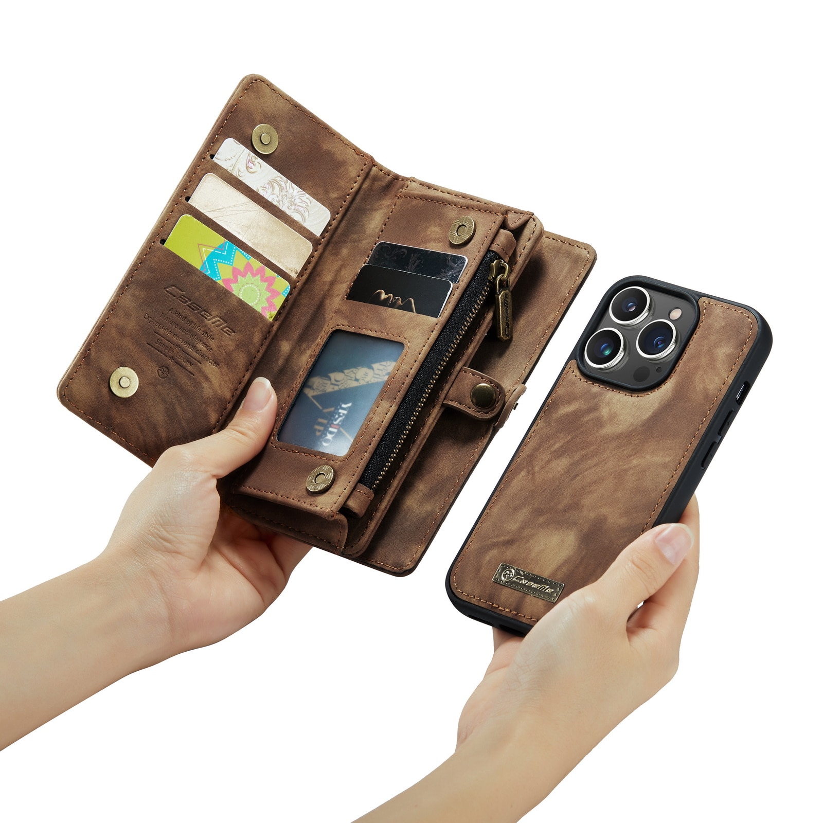 iPhone 14 Pro Max Rymligt plånboksfodral med många kortfack, brun