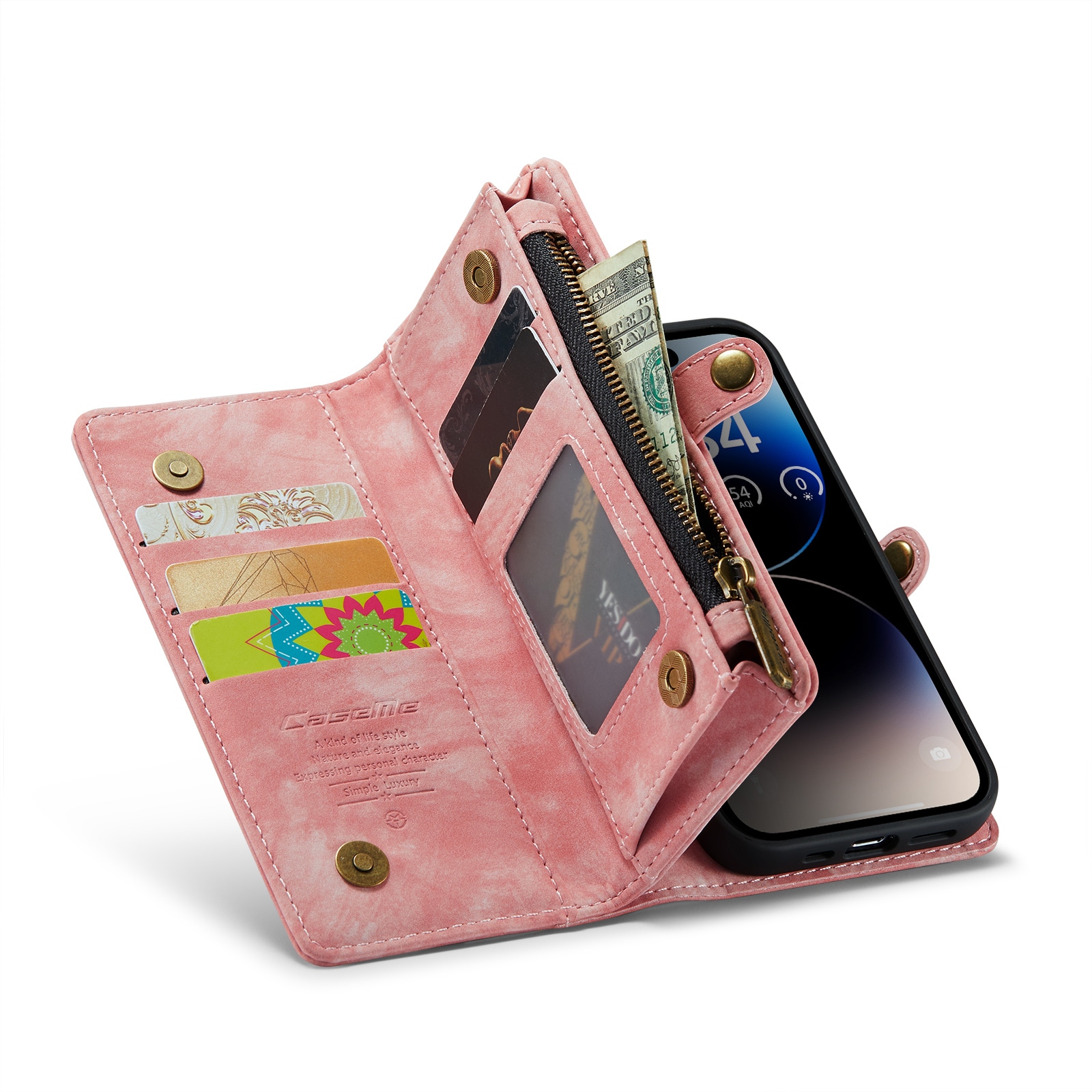 iPhone 14 Pro Rymligt plånboksfodral med många kortfack, Rosa