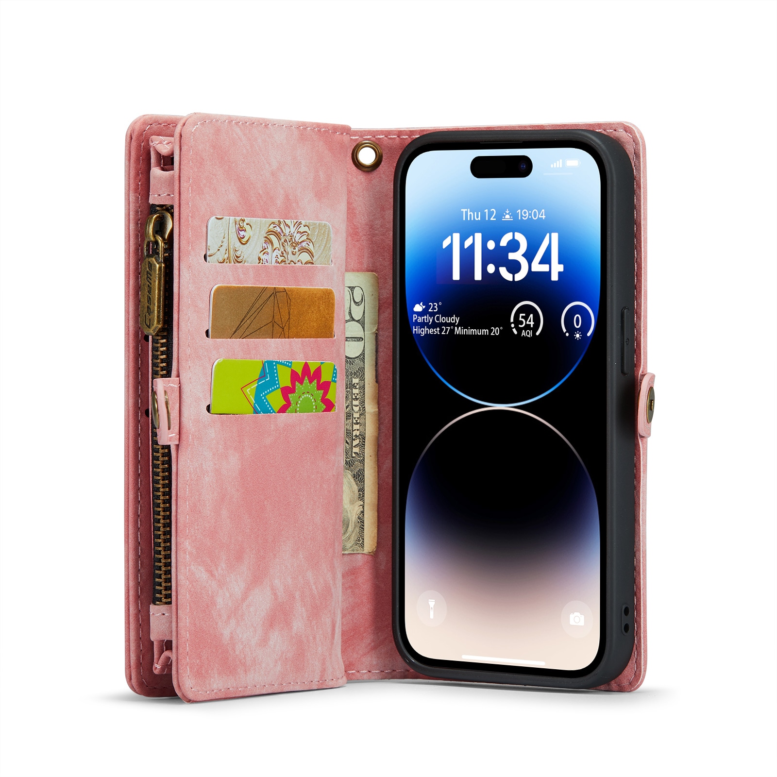 iPhone 14 Pro Rymligt plånboksfodral med många kortfack, Rosa
