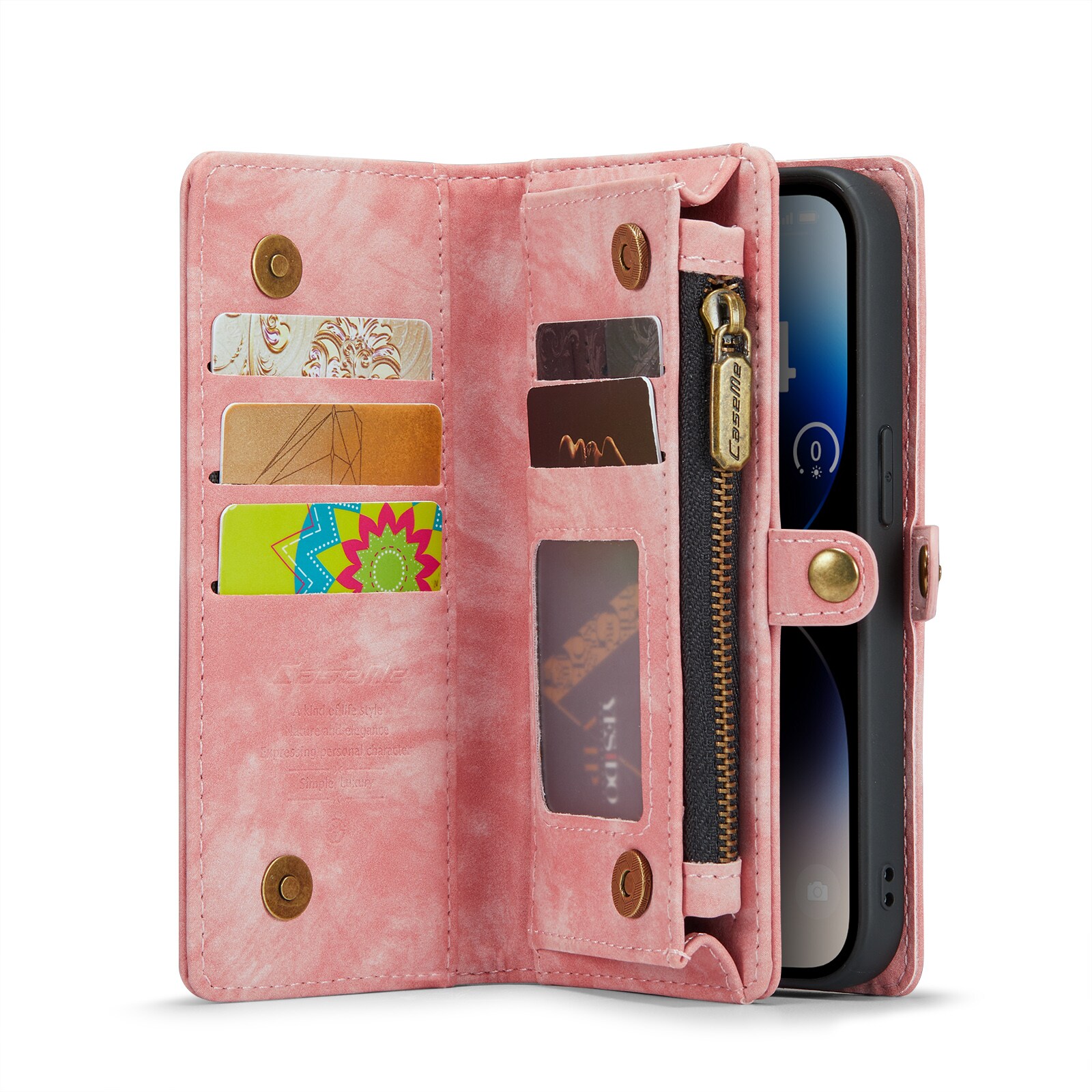 iPhone 14 Pro Rymligt plånboksfodral med många kortfack, Rosa