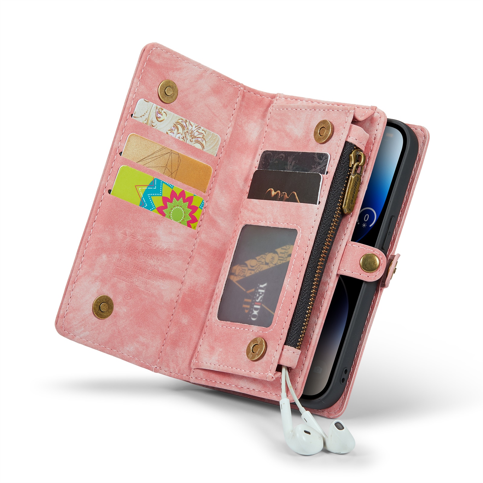iPhone 14 Pro Max Rymligt plånboksfodral med många kortfack, rosa