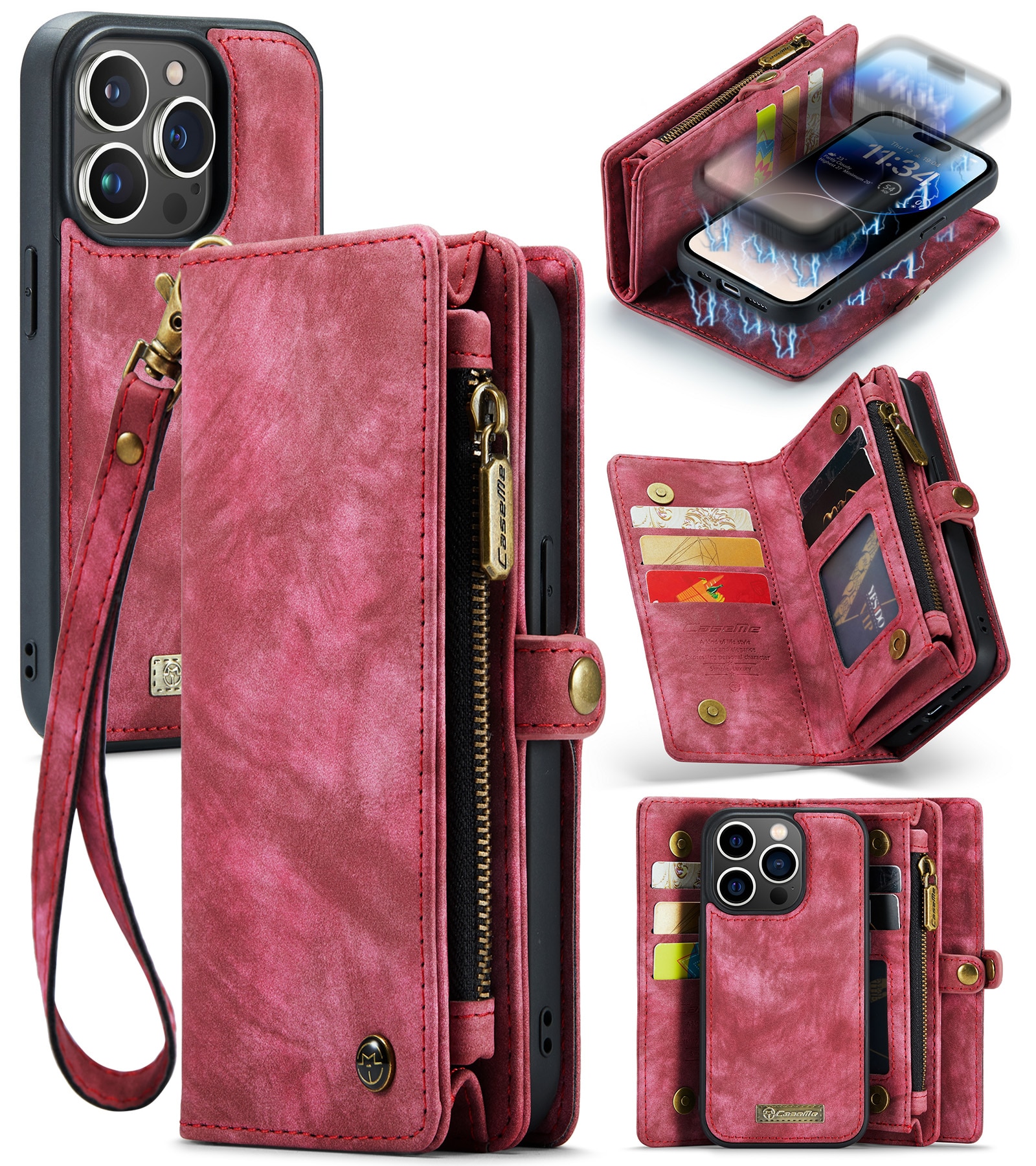 iPhone 14 Pro Rymligt plånboksfodral med många kortfack, röd