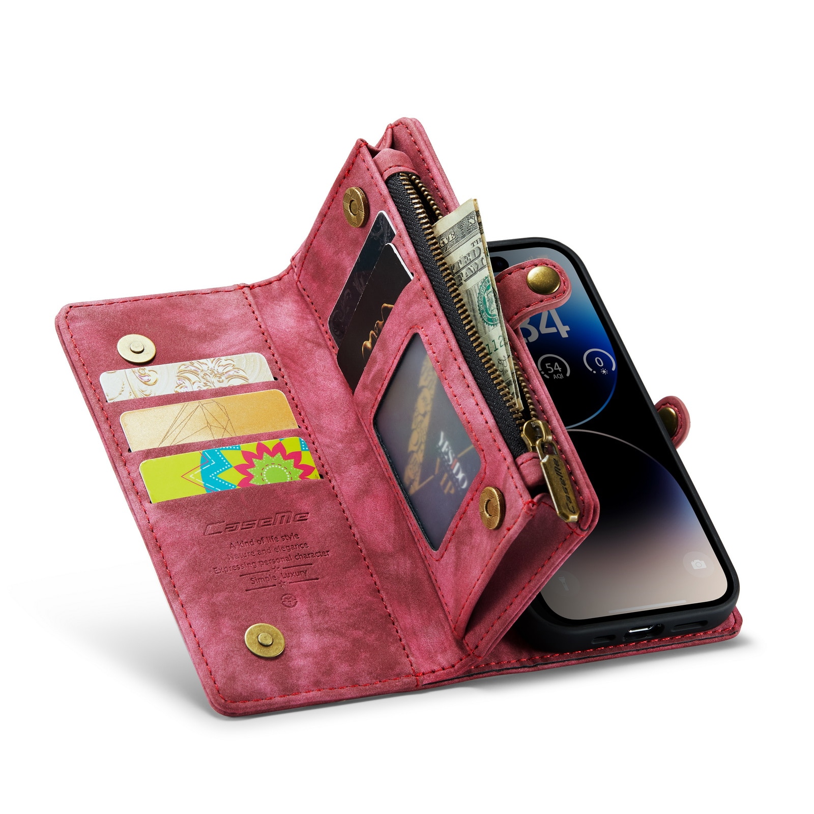 iPhone 14 Pro Max Rymligt plånboksfodral med många kortfack, röd
