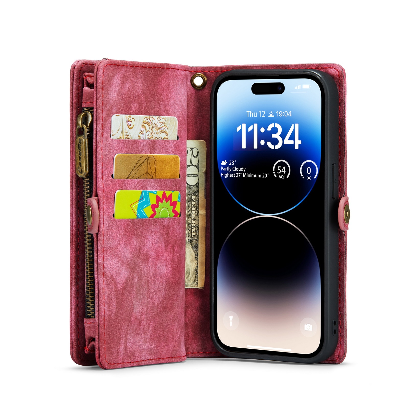 iPhone 14 Pro Max Rymligt plånboksfodral med många kortfack, röd