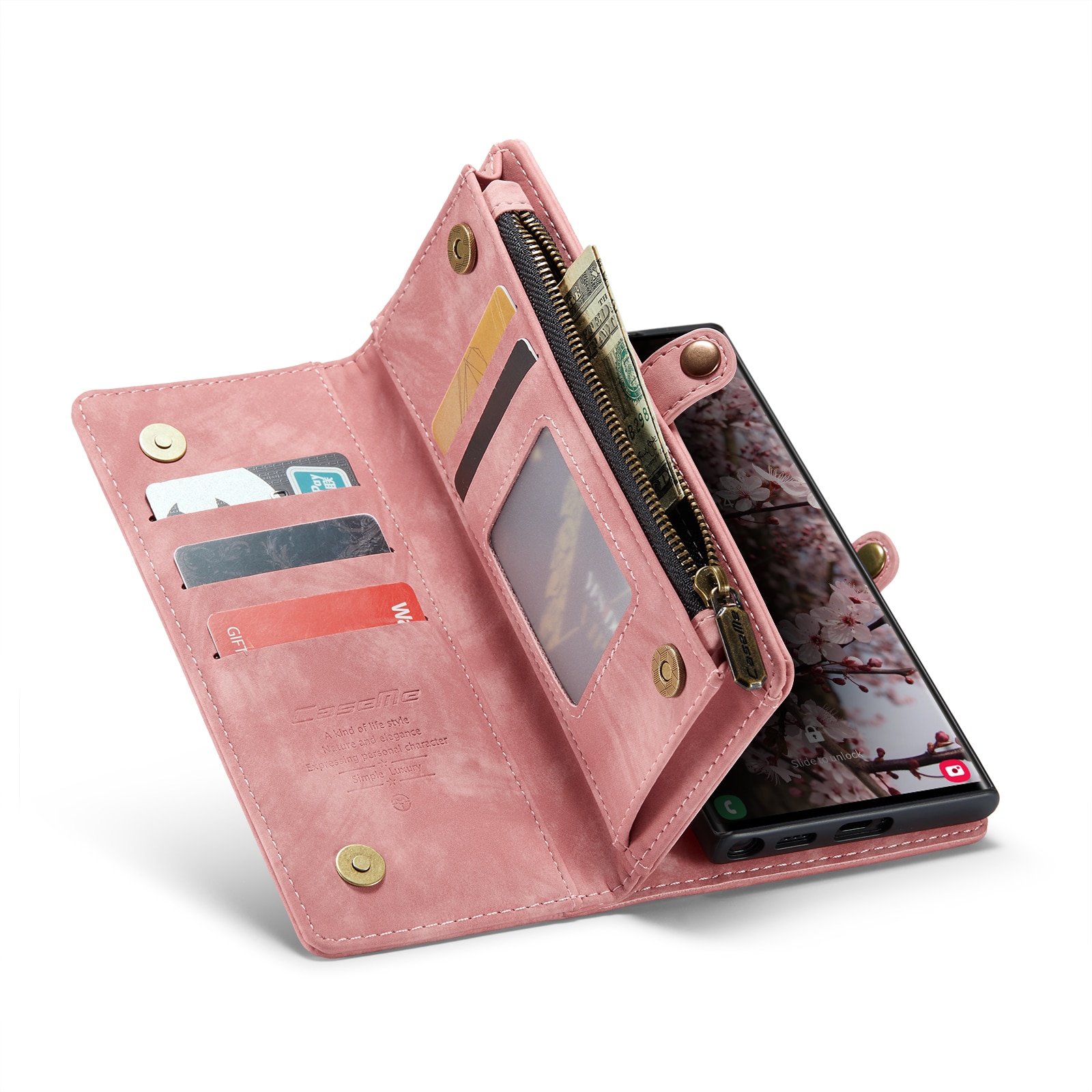 Samsung Galaxy S24 Ultra Rymligt plånboksfodral med många kortfack, rosa