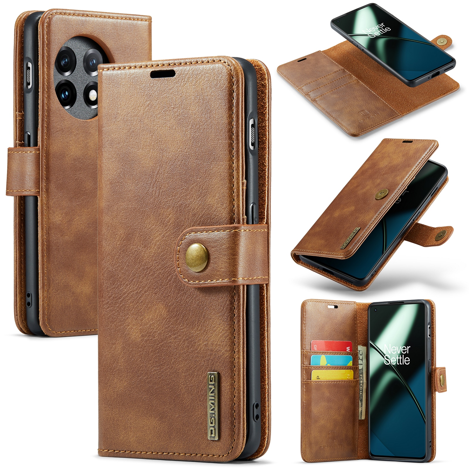  OnePlus 11 Plånboksfodral med avtagbart skal, Cognac