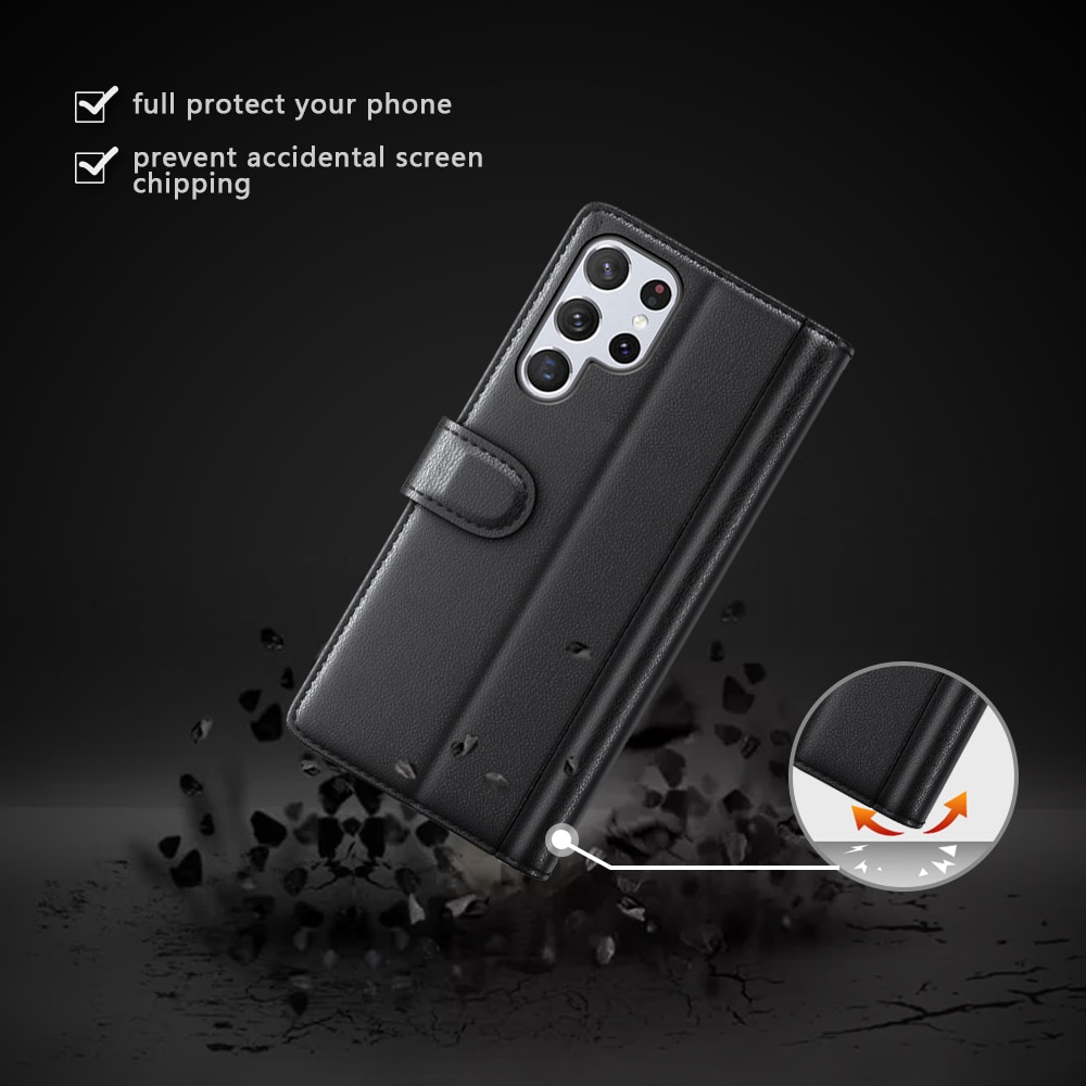 Samsung Galaxy S22 Ultra Plånboksfodral i Äkta Läder, svart