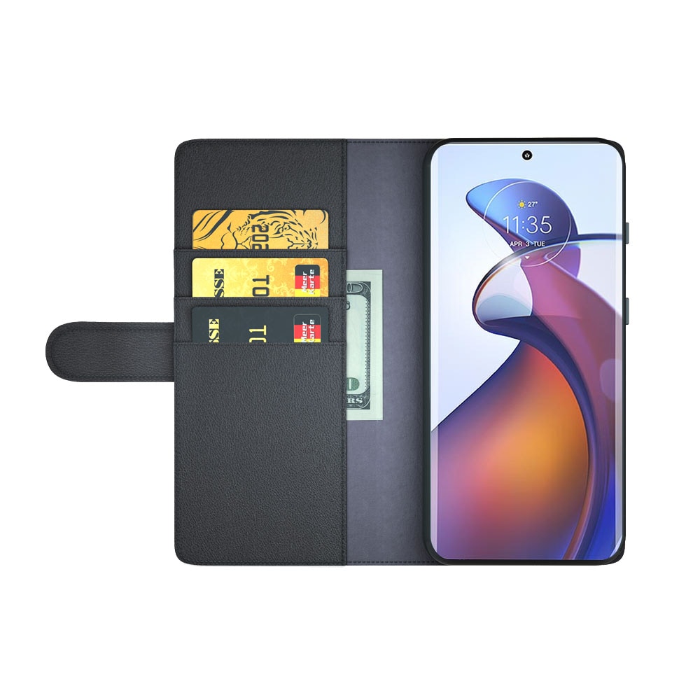 Motorola Edge 30 Fusion Plånboksfodral i Äkta Läder, Svart