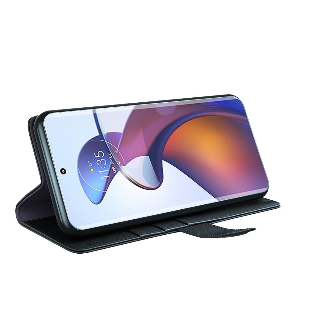 Motorola Edge 30 Fusion Plånboksfodral i Äkta Läder, Svart
