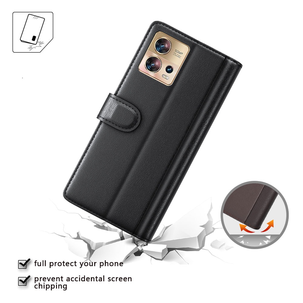 Motorola Edge 30 Fusion Plånboksfodral i Äkta Läder, Svart
