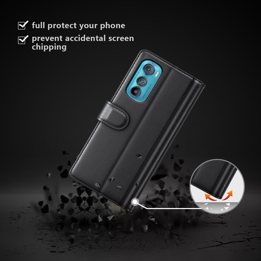 Motorola Edge 30 Plånboksfodral i Äkta Läder, Svart