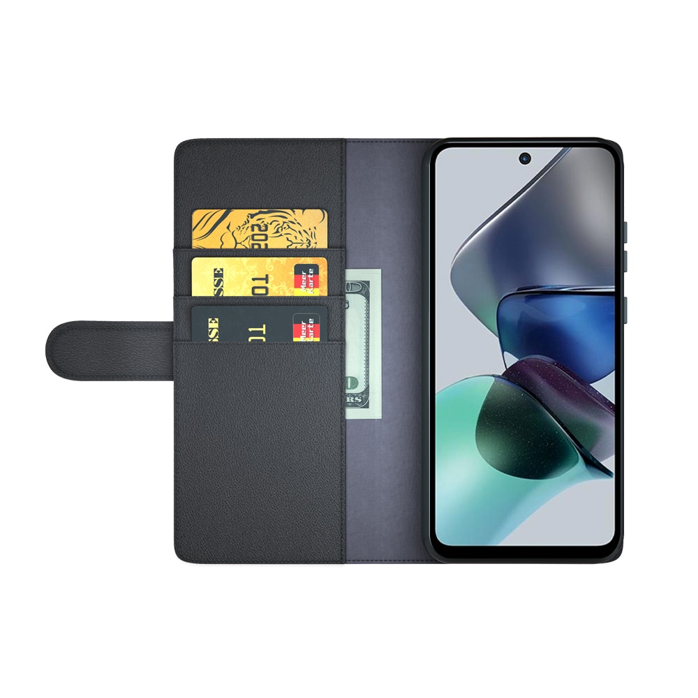 Motorola Moto G23 Plånboksfodral i Äkta Läder, Svart