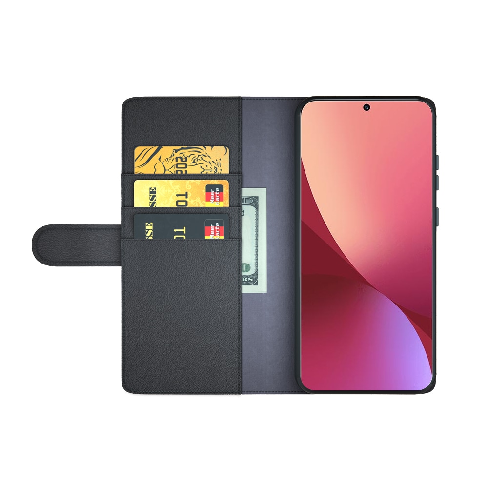 Xiaomi 12 Pro Plånboksfodral i Äkta Läder, svart