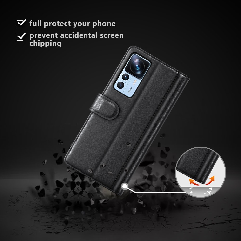 Xiaomi 12T/12T Pro Plånboksfodral i Äkta Läder, Svart