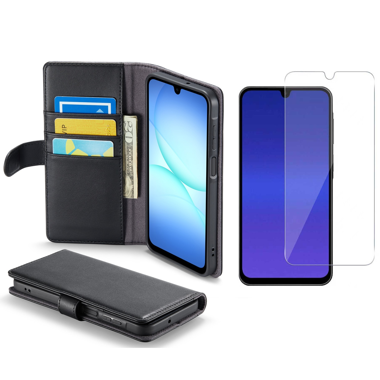 Samsung Galaxy A17 Fodral i läder + Skärmskydd Härdat Glas Svart