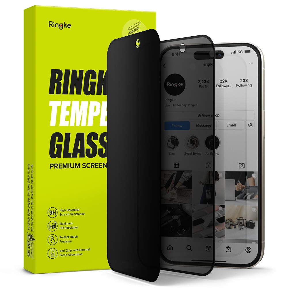 iPhone 15 Anti-spy Skärmskydd i glas med monteringsverktyg