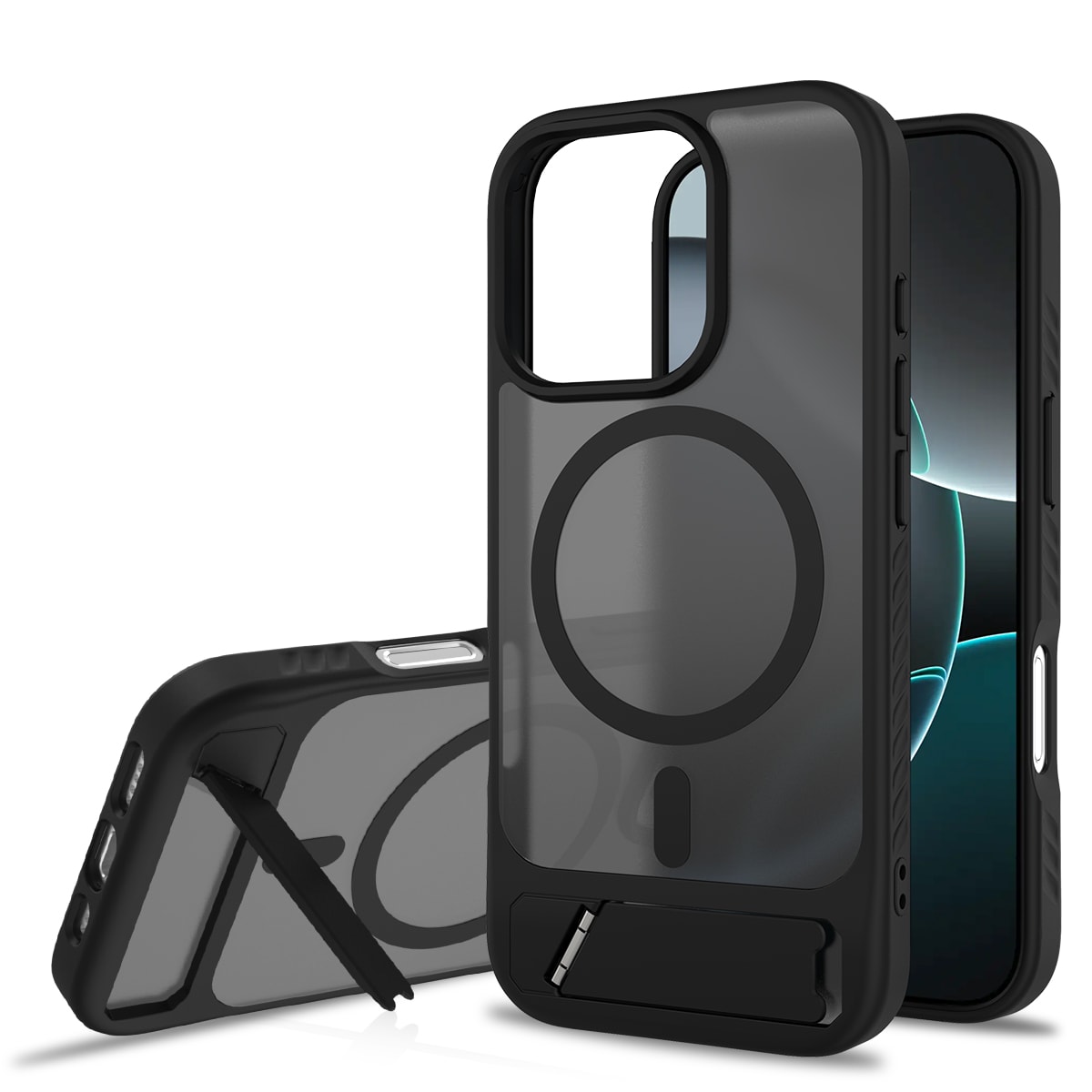 iPhone 16 Pro Magnetiskt hybridskal med inbyggt ställ, Svart