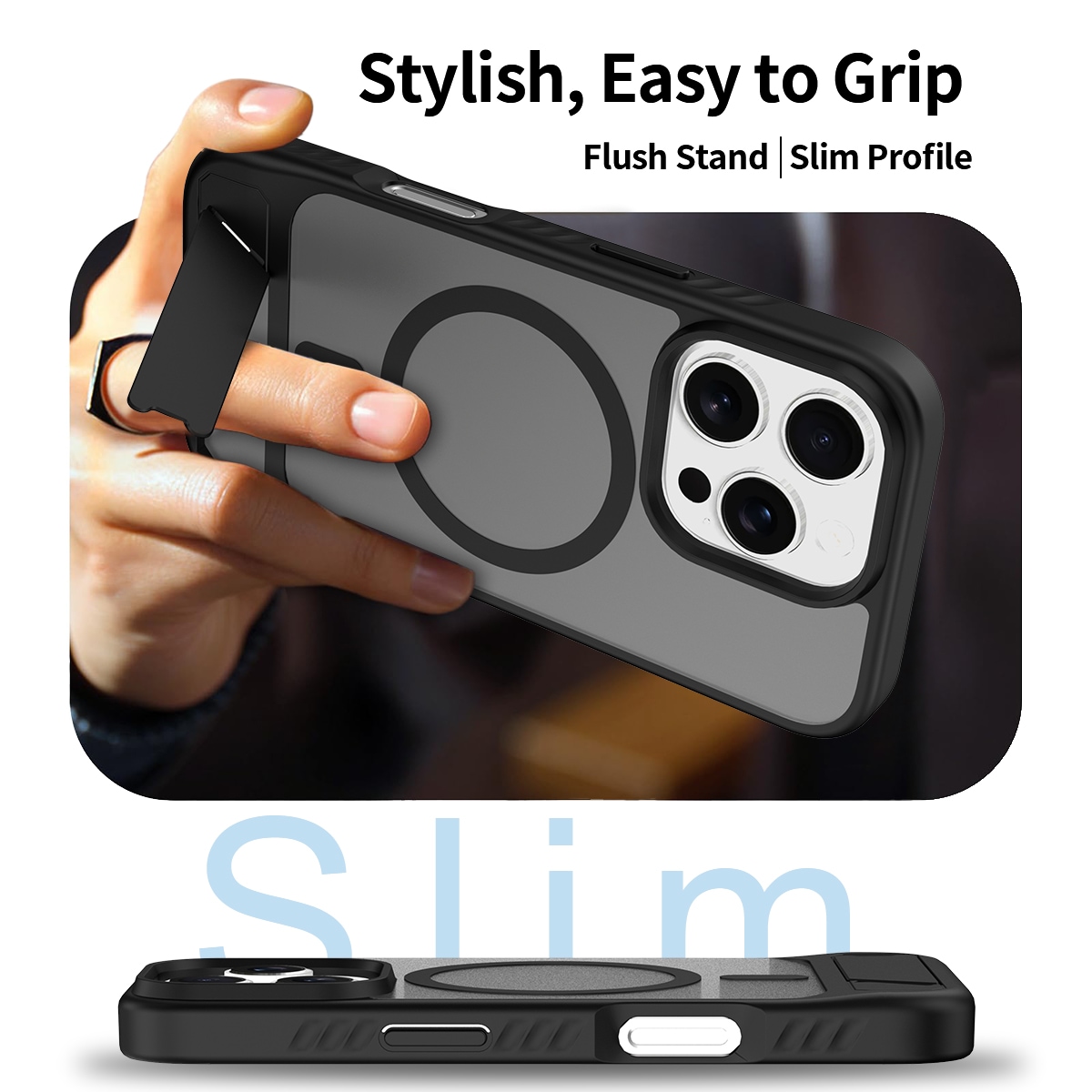 iPhone 16 Pro Magnetiskt hybridskal med inbyggt ställ, Svart