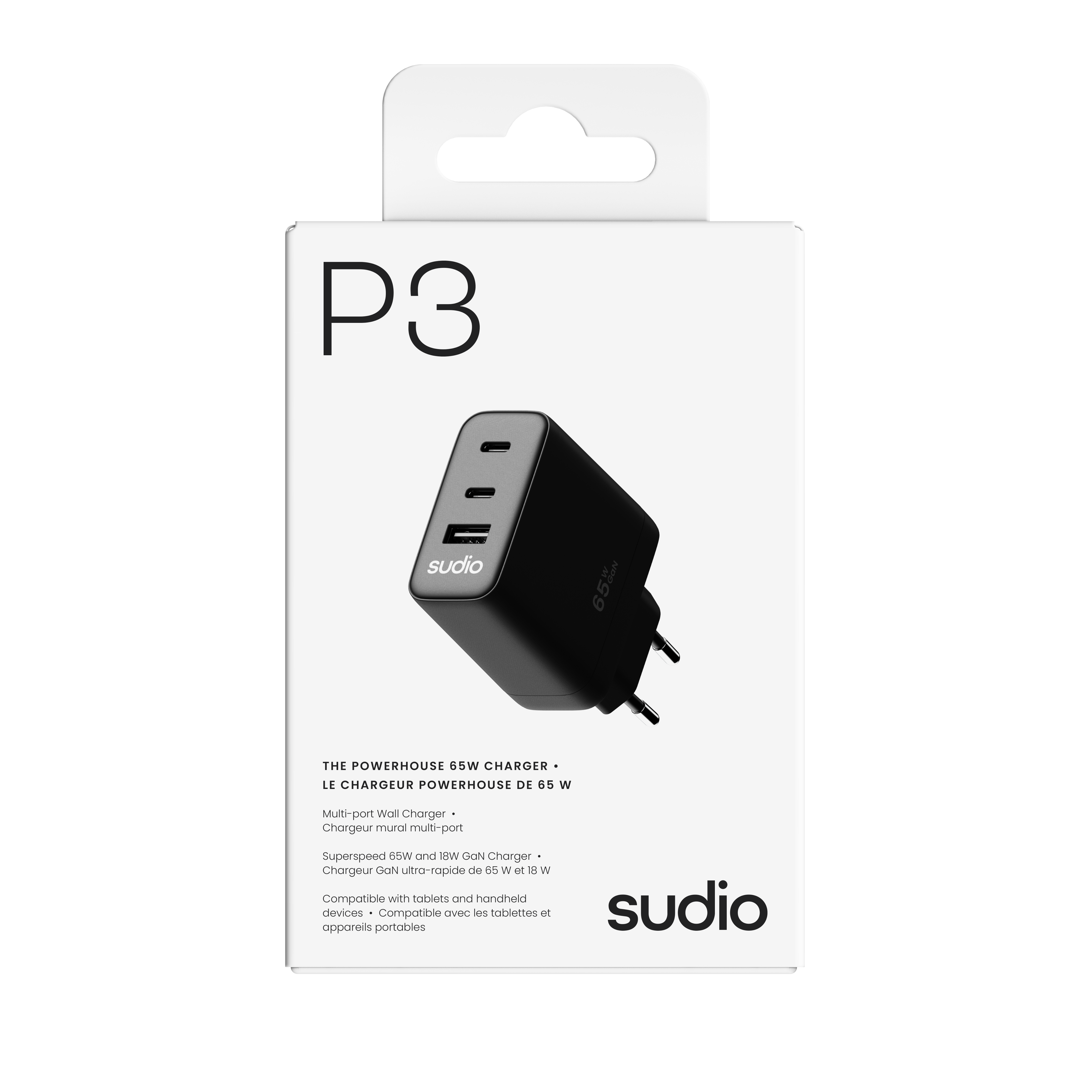 P3 2 x USB-C + USB-A  Väggladdare 65W, Svart