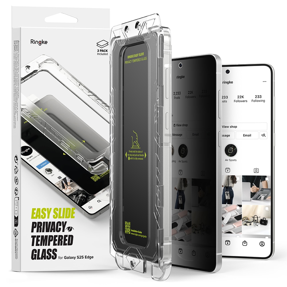 Samsung Galaxy S25 Edge Anti-spy Skärmskydd i glas med monteringsram (2-pack)
