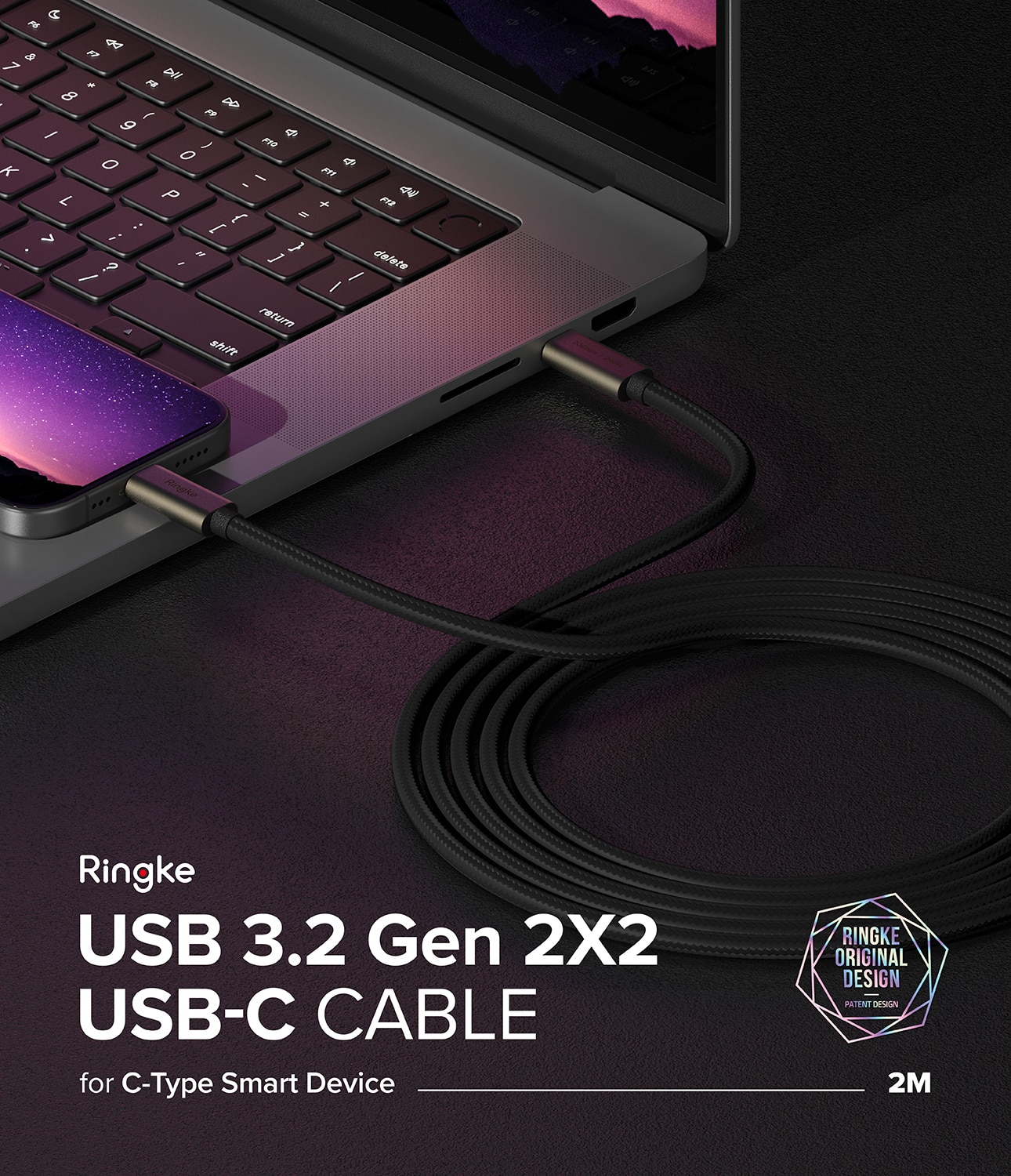 USB-C till USB-C 3.2 Gen 2x2 Laddningskabel 2m, svart