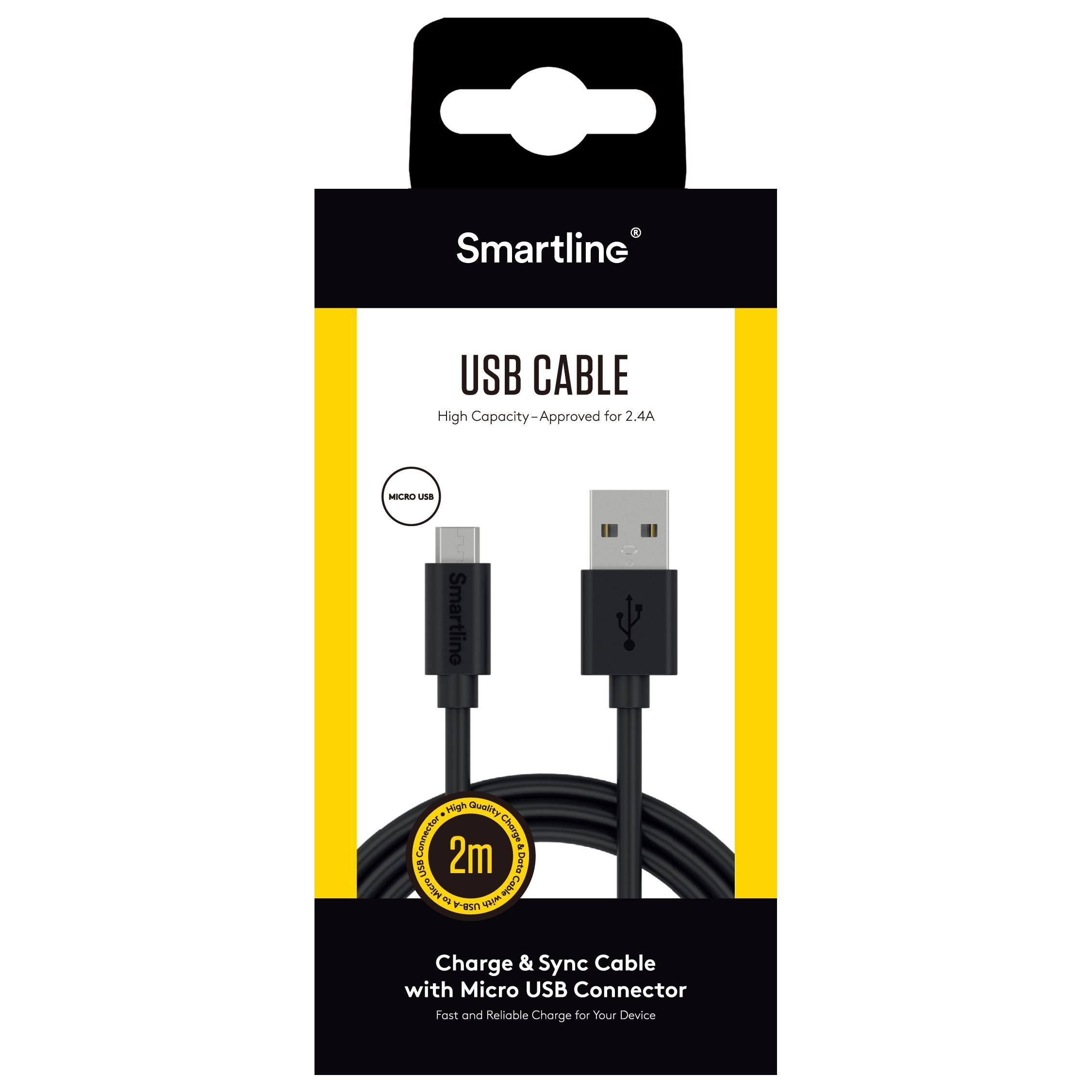 Laddningskabel 2m MicroUSB, svart