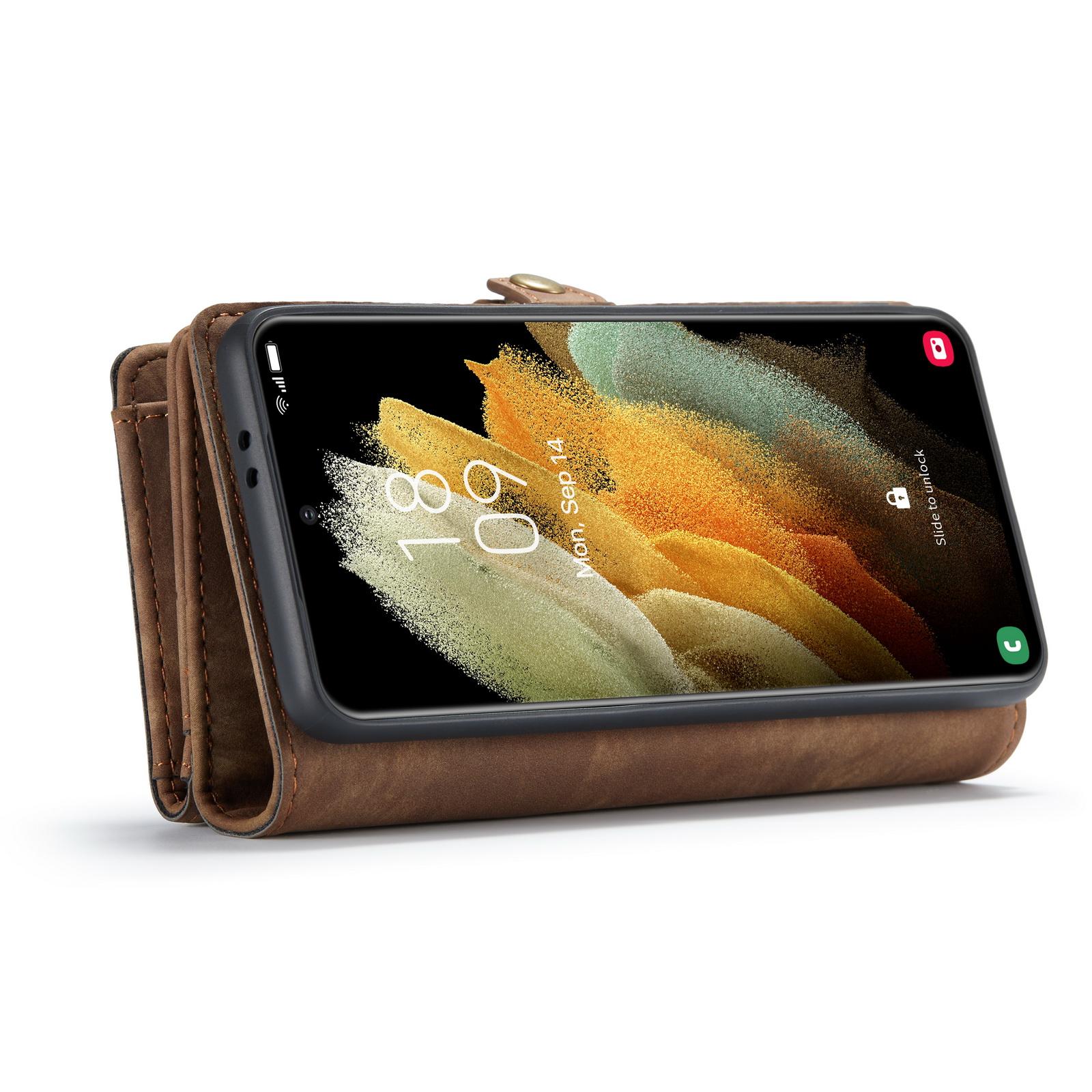 Samsung Galaxy S21 Rymligt plånboksfodral med många kortfack, Brun