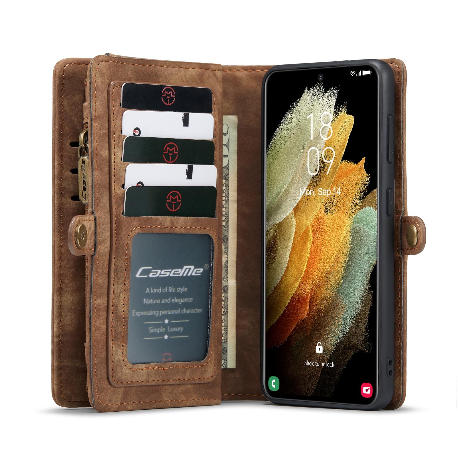 Samsung Galaxy S21 Rymligt plånboksfodral med många kortfack, Brun