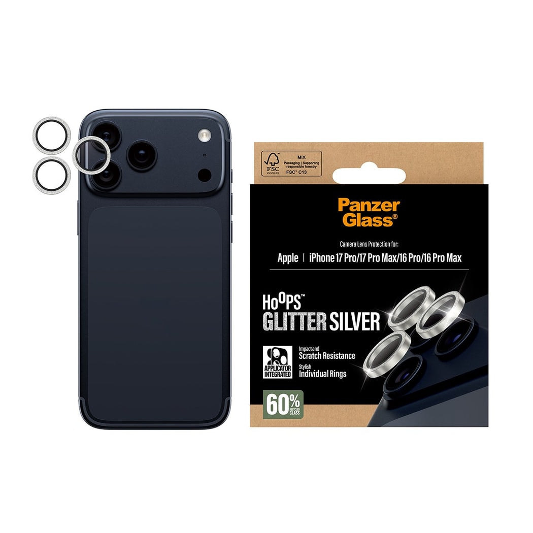 iPhone 17 Pro Hoops linsskydd med aluminiumram, Glitter Silver