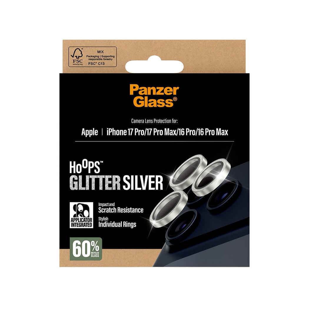 iPhone 17 Pro Hoops linsskydd med aluminiumram, Glitter Silver