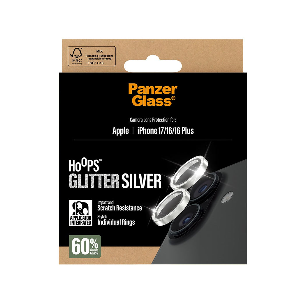 iPhone 17 Hoops linsskydd med aluminiumram, Glitter Silver