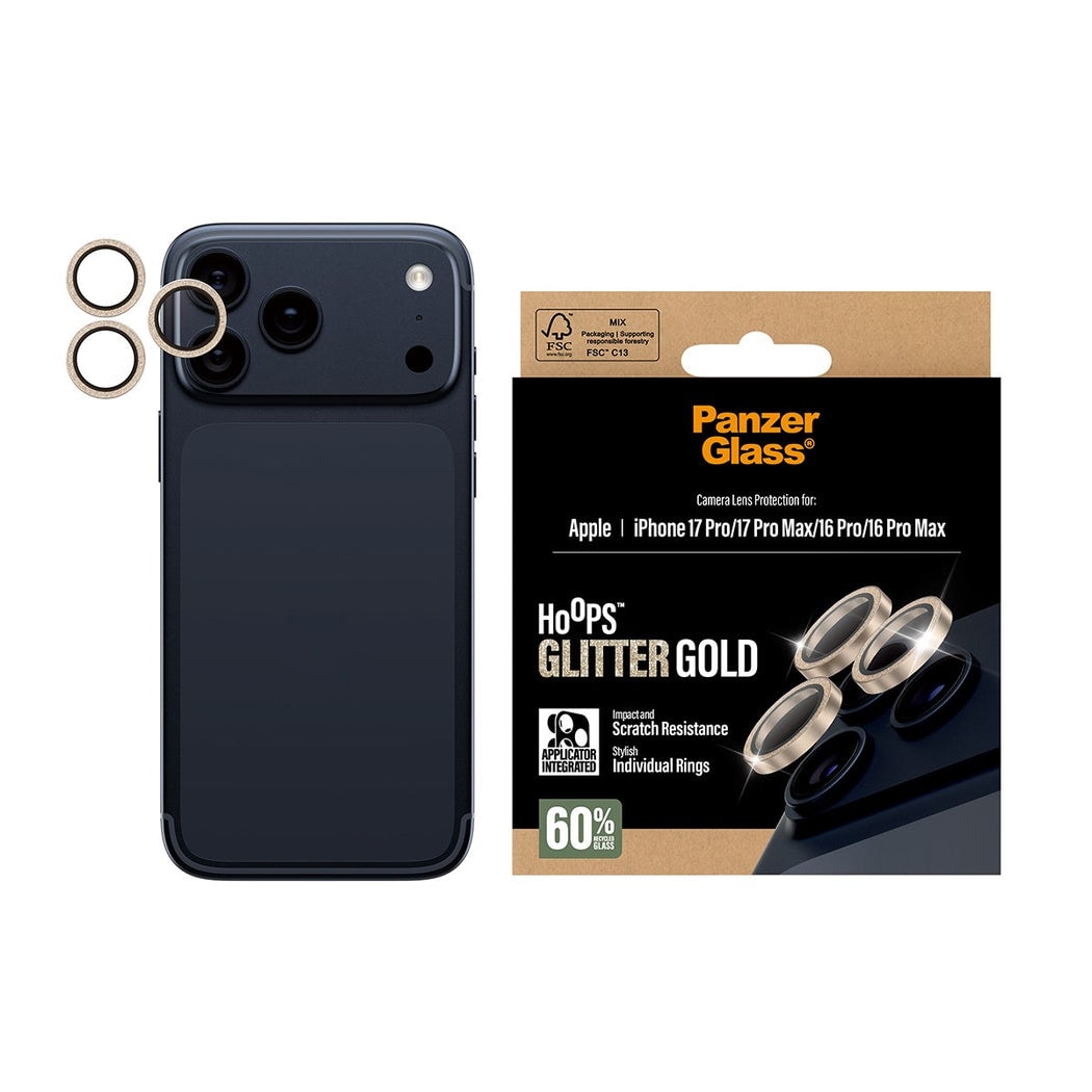 iPhone 17 Pro Max Hoops linsskydd med aluminiumram, Glitter Gold